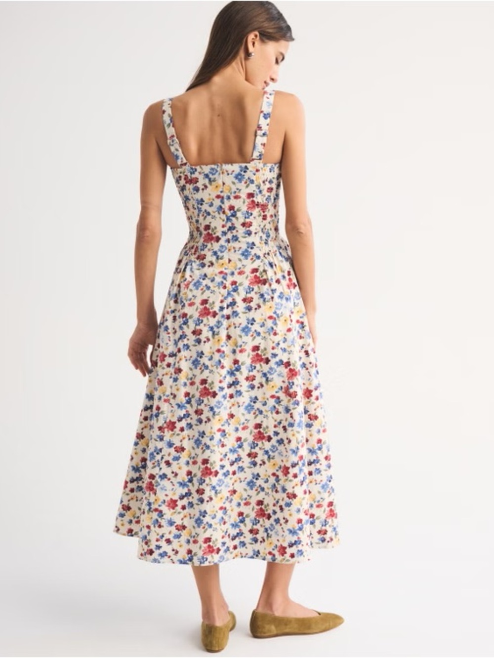 Abercrombie & Fitch Cream Midi Dress with Red & Blue Floral Print - Picture 2 of 4